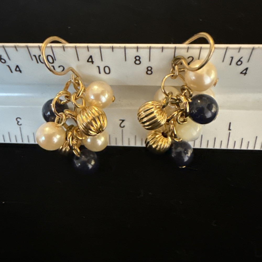 Gold Beaded Cluster Dangle Earrings Multi-Color Round Faux Pearl Navy Blue